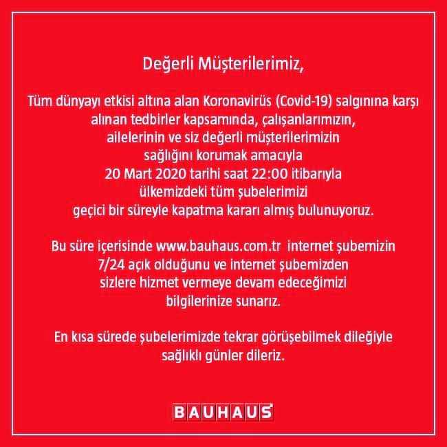 BAUHAUS TÜRKİYE BİR SÜRE SADECE ONLINE MAĞAZASI’NDA HİZMETTE.